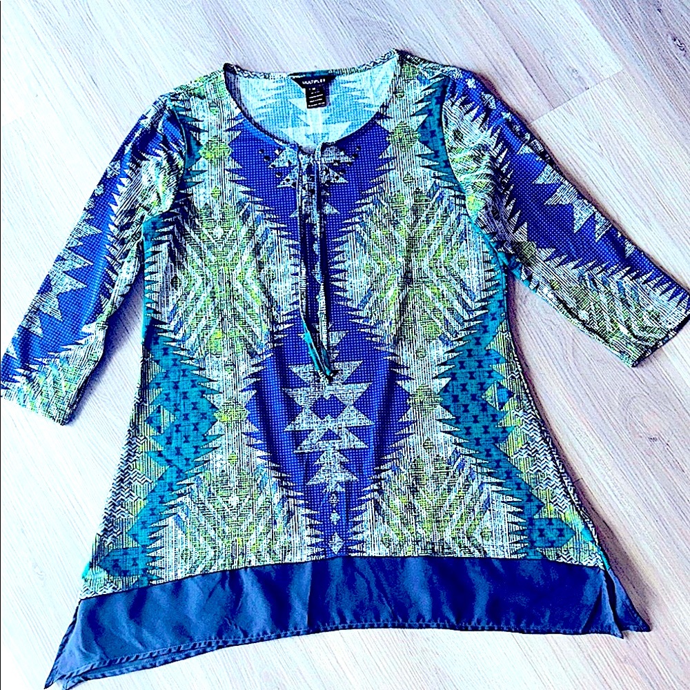 Multiples Women's Tunic Top M Green Purple Lagenlook Patterned Embellished